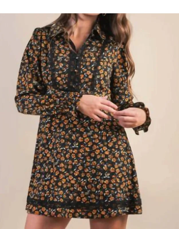 Floral Printed Lace Trim Collared Mini Dress
