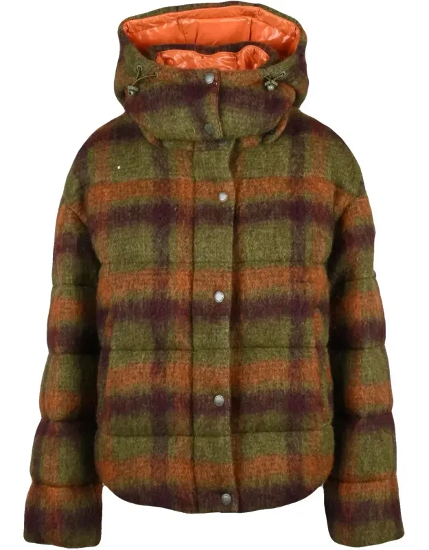 Plaid Puffer Coat With Removable Hood And Zip Closure