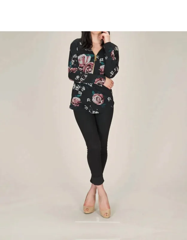 Rose Print Sweater With Zipper Detail
