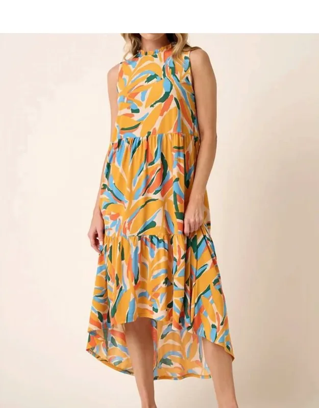 Leaf Print Mock Neck Midi Dress