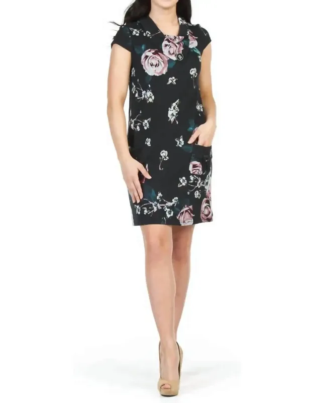 Rose Print Sweater Dress With Foldover Collar