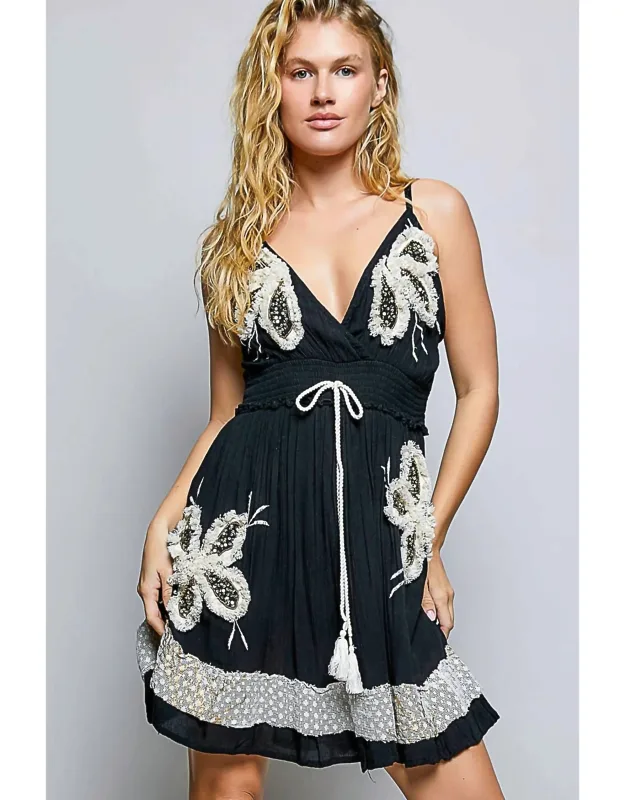 Smocked Waist Embroidered Tassel Ruffle Sleeveless Dress