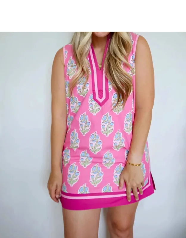 Floral Split Neck Mini Dress With Pockets