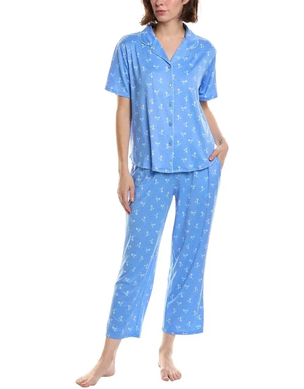 2pc Printed Knit Notch Collar Pajama Set