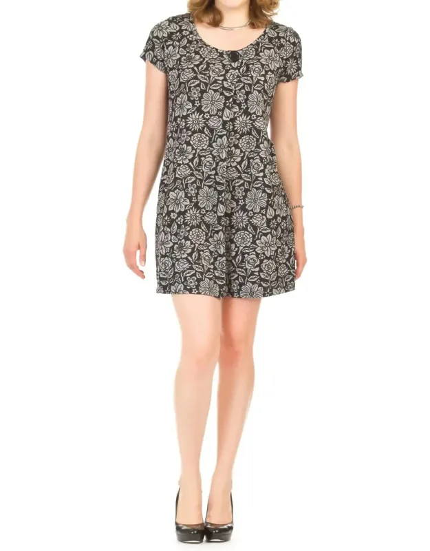 Floral Print Pleat Front 3/4 Sleeve A Line Dress