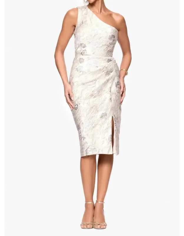Evening Metallic Floral Jacquard One-shoulder Sheath Cocktail Dress