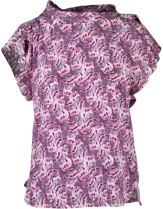 Delicate Abstract Pattern Silk Stretch Top With Flutter Sleeves