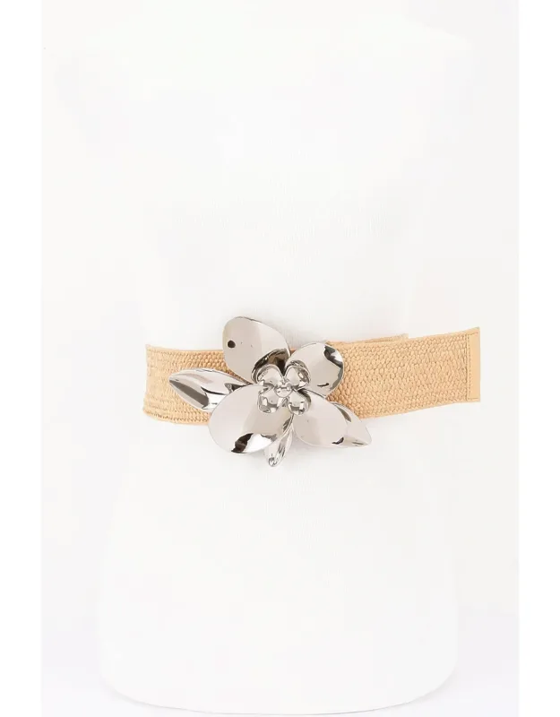 Faux Straw Big Flower Metal Buckle Elastic Belt