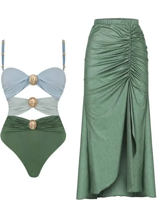 Hollow Out Swimwear With Cover Skirt Set