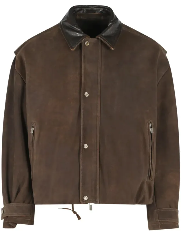 Rich Brown Suede Jacket With Grained Leather Accents And Tailored Features