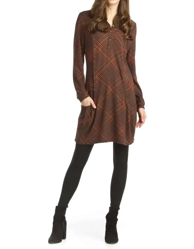 Plaid Knit Henley Dress With Pockets