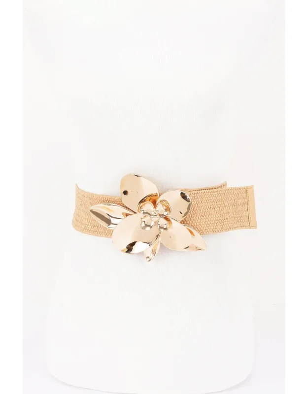 Faux Straw Big Flower Metal Buckle Elastic Belt