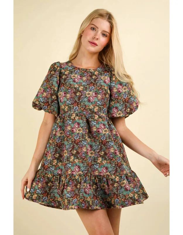 Floral Jacquard Fabric Holiday Mini Dress
