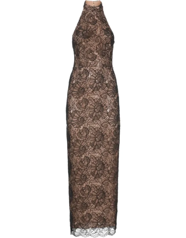 Intricate Lace Long Dress With Halter Neckline