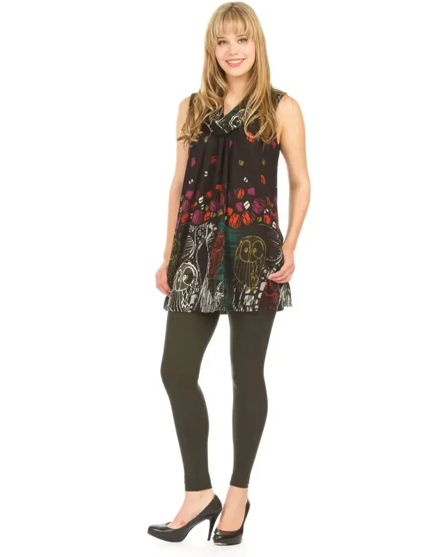 Owl Print Cowl Neck Sleeveless Dress