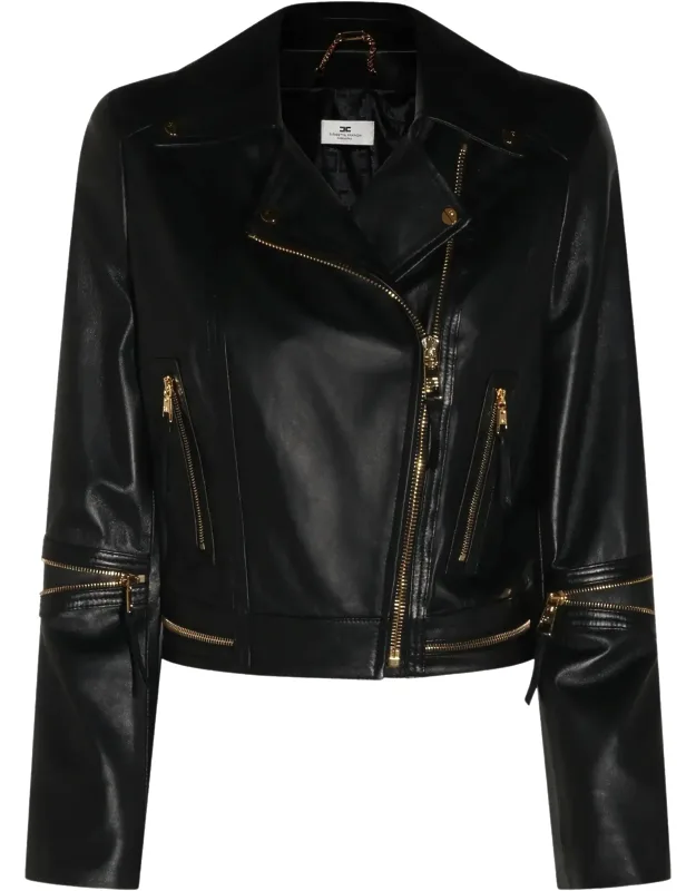 Cropped Leather Jacket With Asymmetrical Closure And Gold-tone Hardware