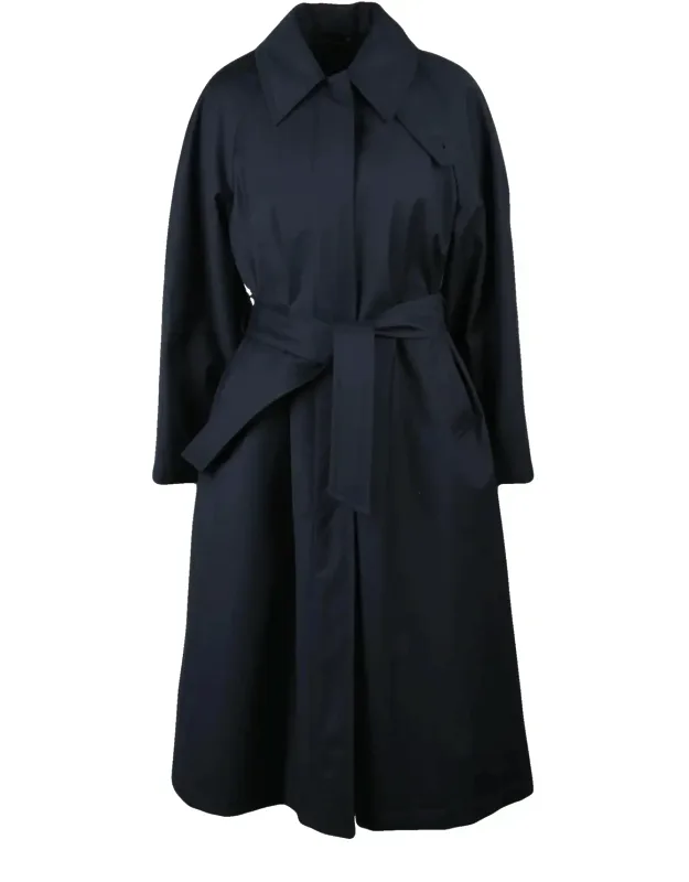 Belted Trench Coat With Structured Collar And Snap Button Closure