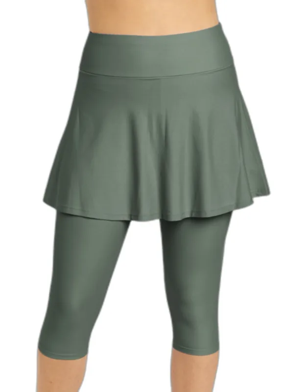 High Waisted Flared Swim Skort With Attached Capri Leggings