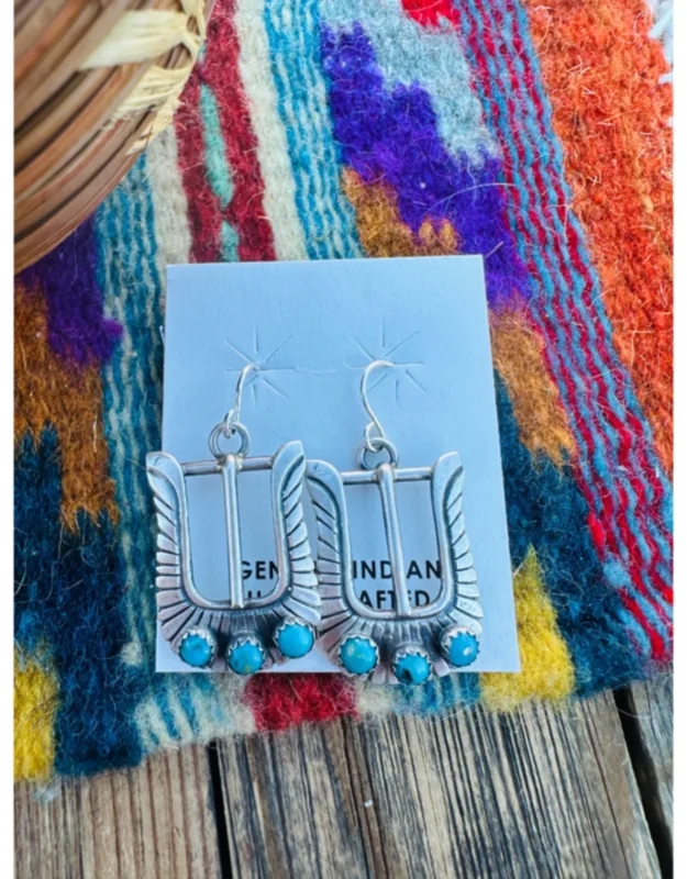 Handcrafted Turquoise & Sterling Silver Belt Buckle Dangle Earrings