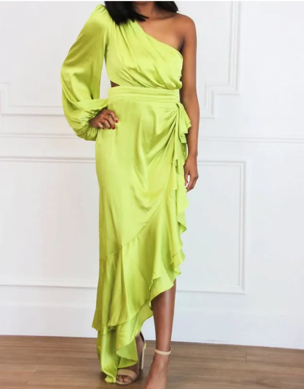 One Shoulder Satin Ruffle Maxi Dress
