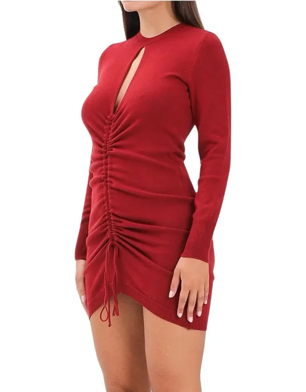 Fitted Mini Knit Dress With Ruched Detail And Adjustable Tie