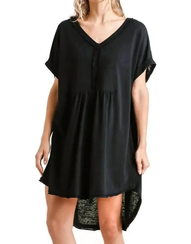 Folded Sleeve Frayed Edge Mini Dress