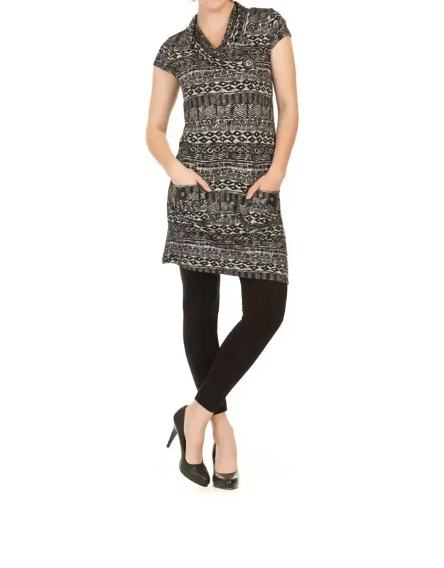 Global Print Drape Neck Cap Sleeve Dress
