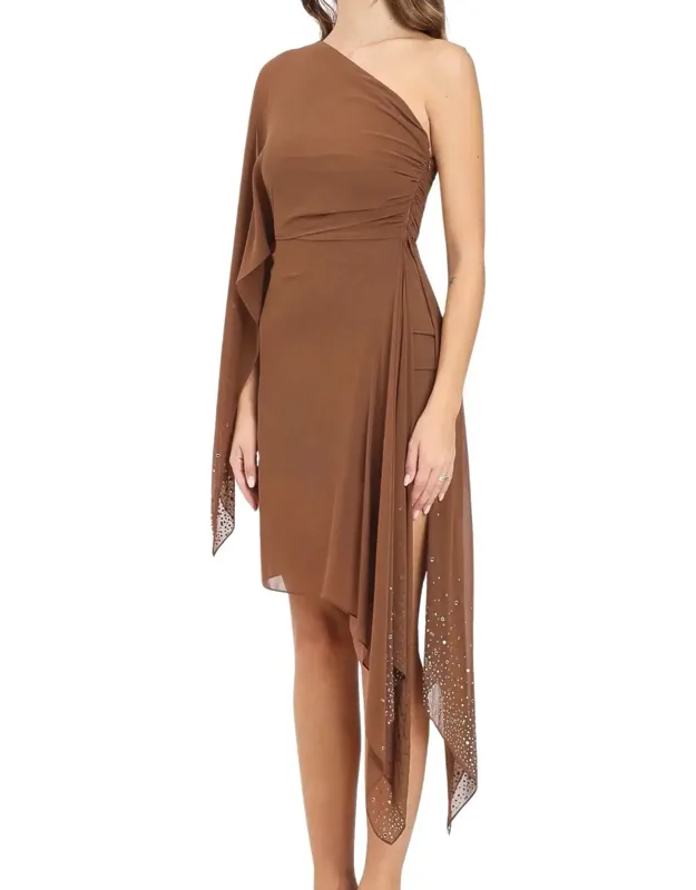 Asymmetric One-shoulder Dress With Draped Sleeve And Ruching
