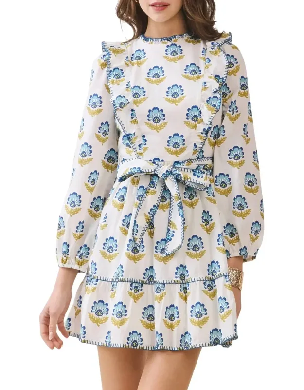Floral Print Ruffle Accents Self Tie Mini Dress