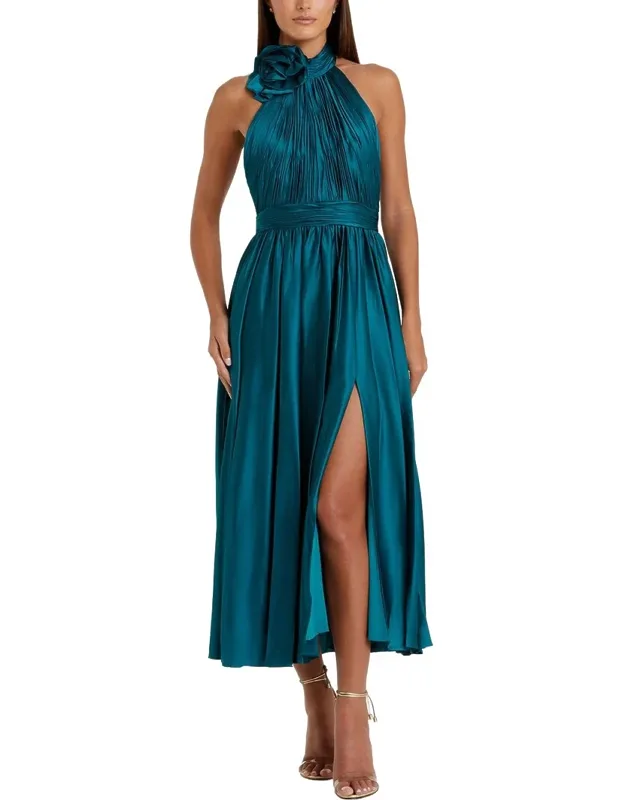 Pleated Charmeuse High Neck Midi Dress