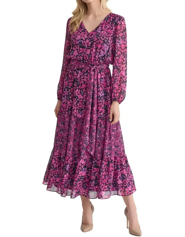 Long Sleeve V-neck Printed Maxi Dress