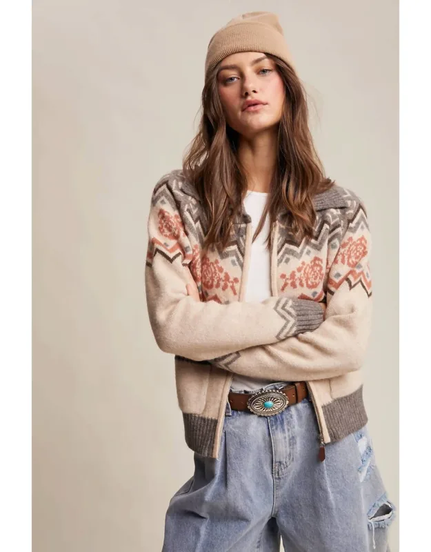 Retro Floral Knit Zip-up Cardigan