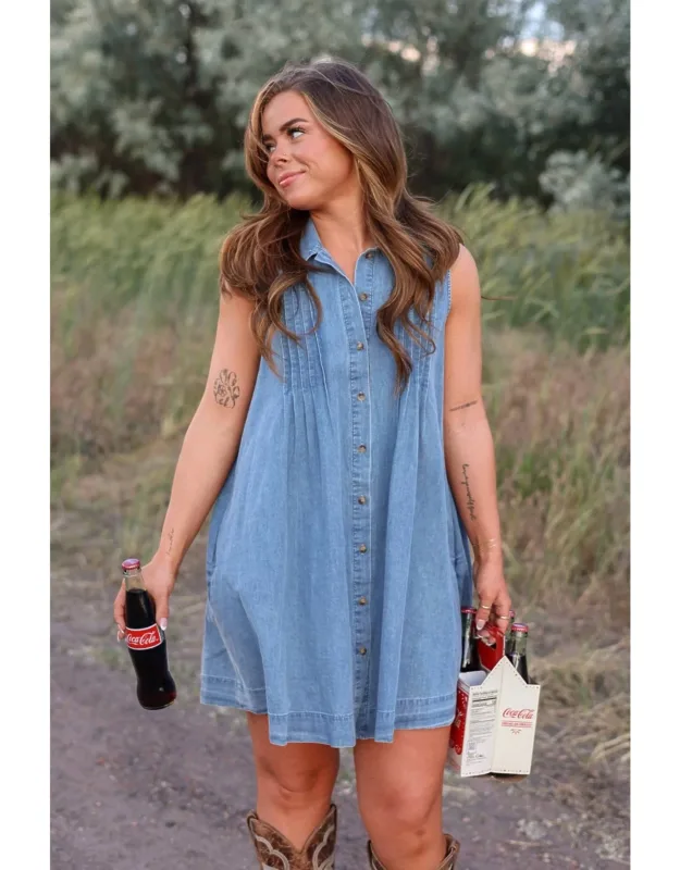 Sleeveless Button-down Denim Mini Dress