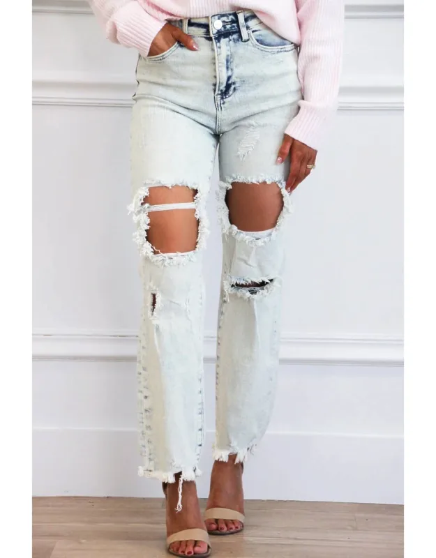 Distressed High Waisted Straight Jeans
