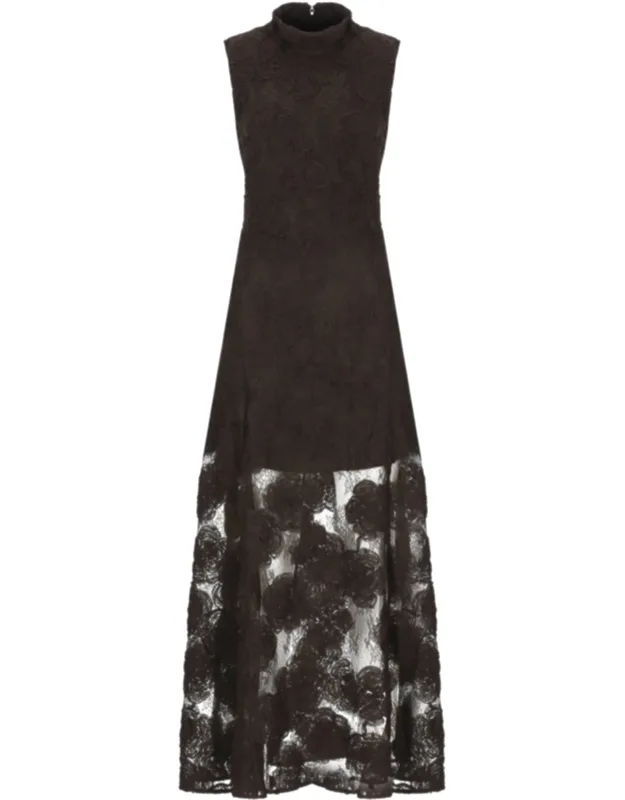 Lace Long Sleeveless Dress With Fabric Roses