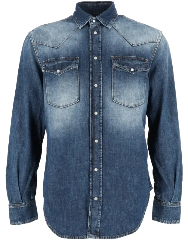 Denim Shirt With Classic Collar And Faded Wash