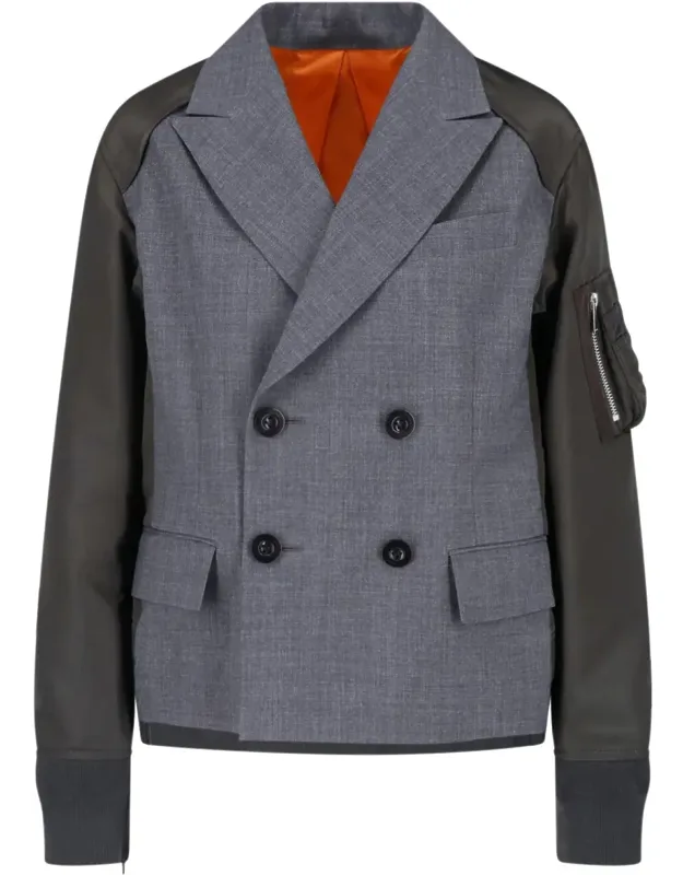 Double-breasted Nylon Twill Blazer With Zip Details