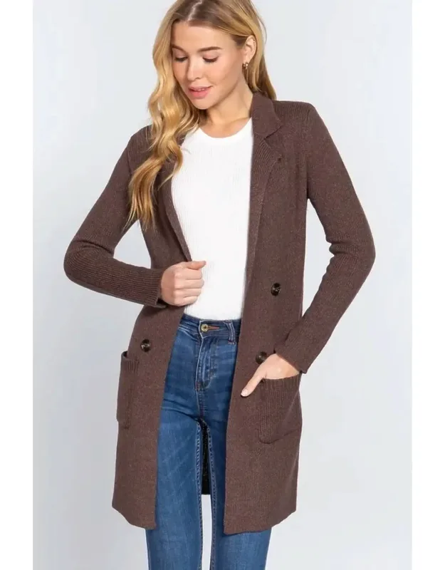 Notched Collar Sweater Coat With Pockets