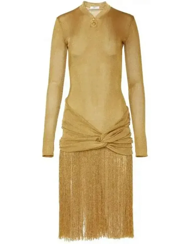 Midi Lurex Dress With Fringed Skirt