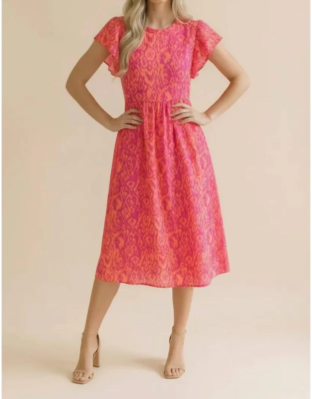 Round Neck Ruffle Sleeve Ikat Babydoll Dress