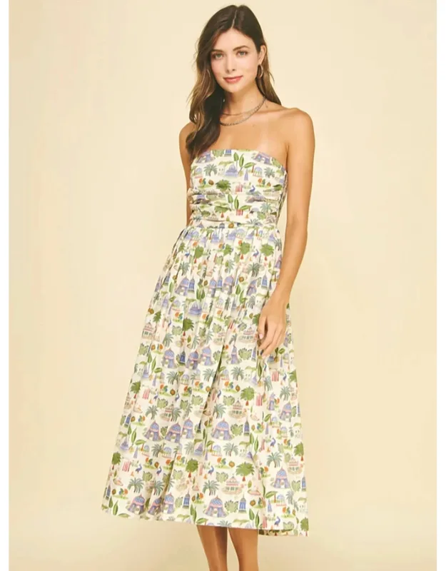 Tropical Scenic Print Strapless Midi Dress
