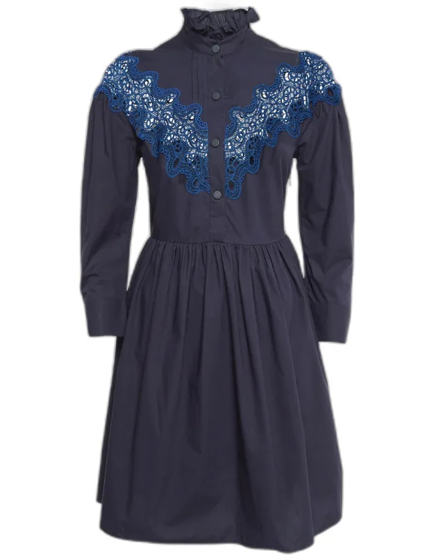 Cotton Lace Trim Ruffled Collar Mini Dress