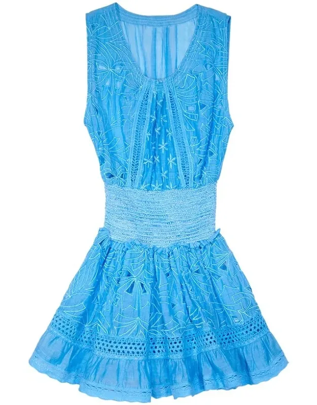 Ramy Brook Sleeveless Mini Dress - Cut Out Embroidery, Smocked Waist