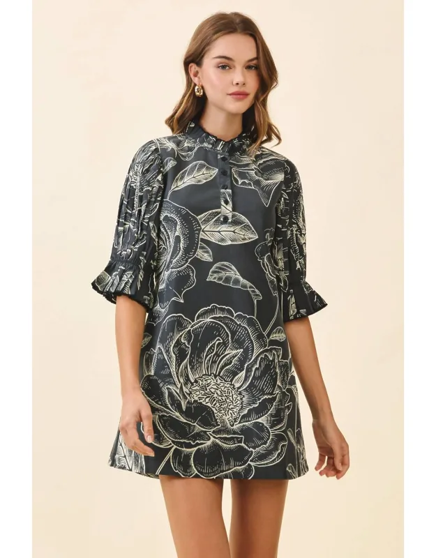 Floral Print High Neck Ruffle Trim Mini Dress
