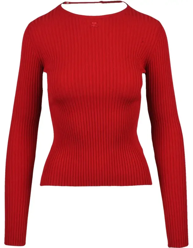 Ribbed Long-sleeved Knit Top With Back Strap Detail