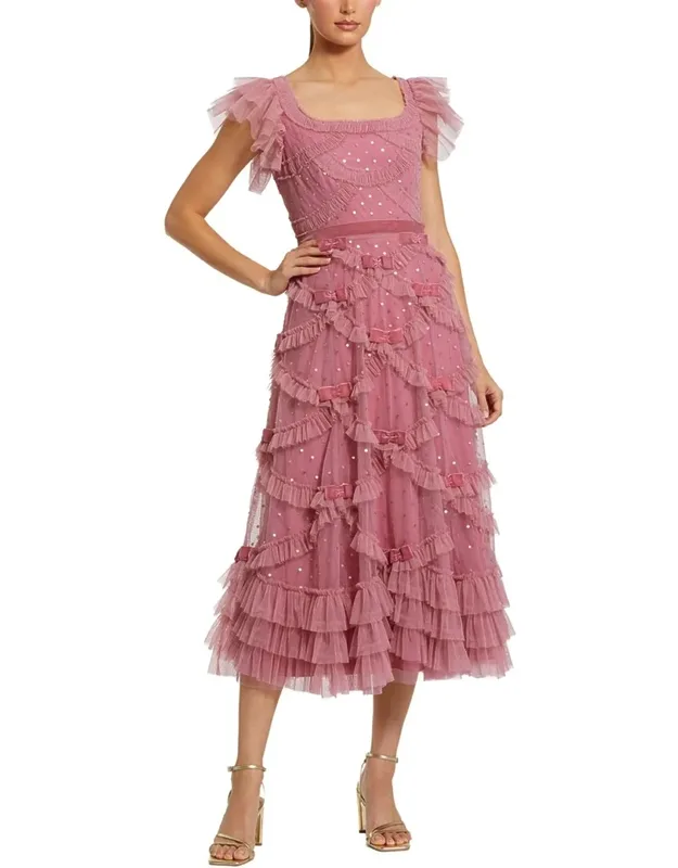 Dot Net Sequin Ruffle Sweetheart Neck Midi Dress