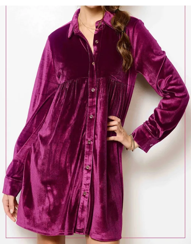 Soft Velvety Button Down Collar Dress