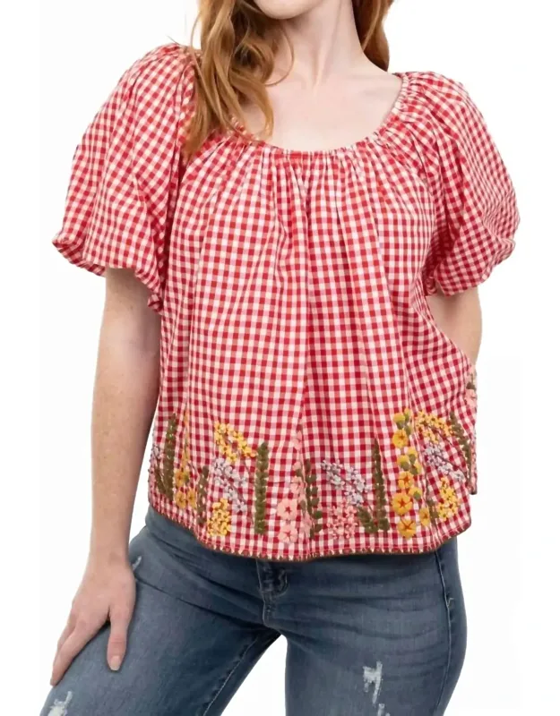 Gingham Flowers Scoop Neck Top