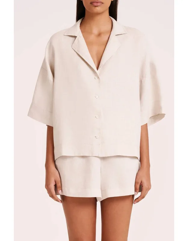Lounge Linen Shirt With Elbow-length Sleeves And Collared Neckline