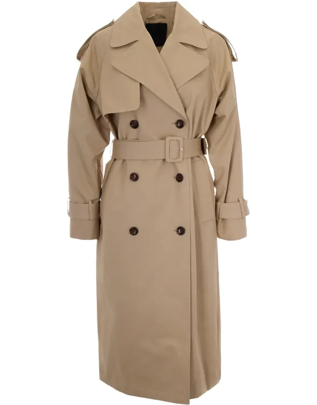 Midi-length Gabardine Trench Coat With Double-breasted Closure And Belted Waist